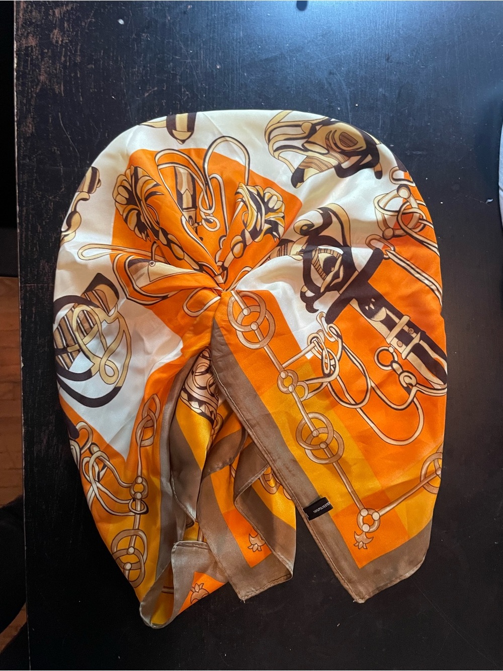 Satin Chain-Print Neck Scarf in Orange and Tan